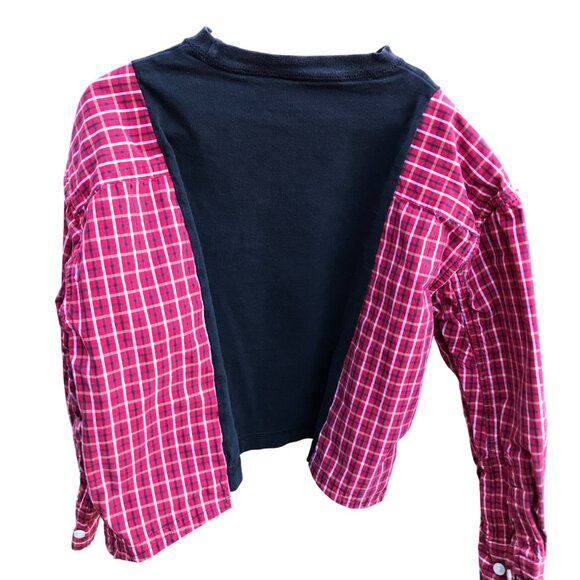 Upcycled Boy’s Plaid Tee: Rock Star Graphic T-Shirt w/Long Sleeves, Size 6-10 - Picture 2 of 8